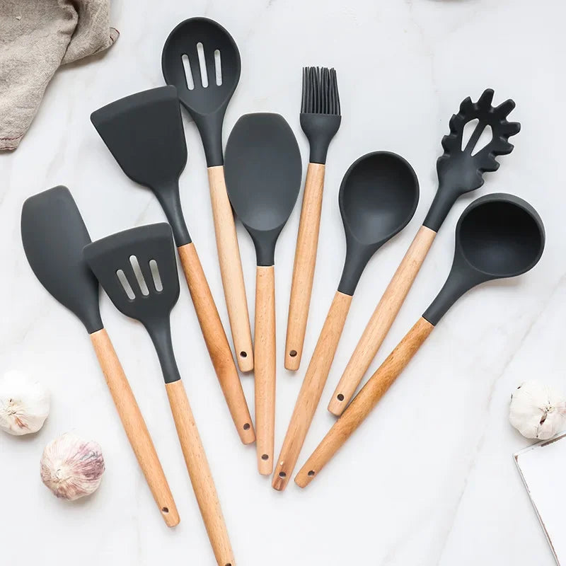 Set 12 Ustensiles Cuisine Silicone - Manche Bois